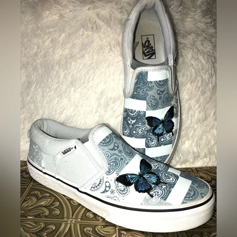 Vans Slip-On Patchwork Sneakers - White and Blue with Butterfly Missy 5 - Picture 15 of 16